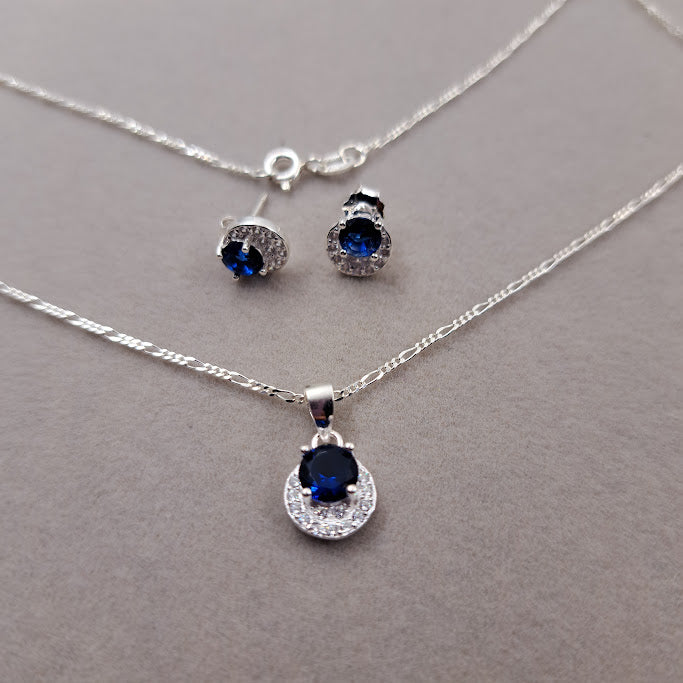 Juego aretes mas dije y cadena Circonias azul 45cm plata 925 jueg05