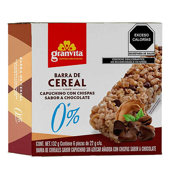 BARRAS DE CEREAL 0% SIN AZUCAR - Capuchino con chispas de chocolate 132g - (GRANVITA)