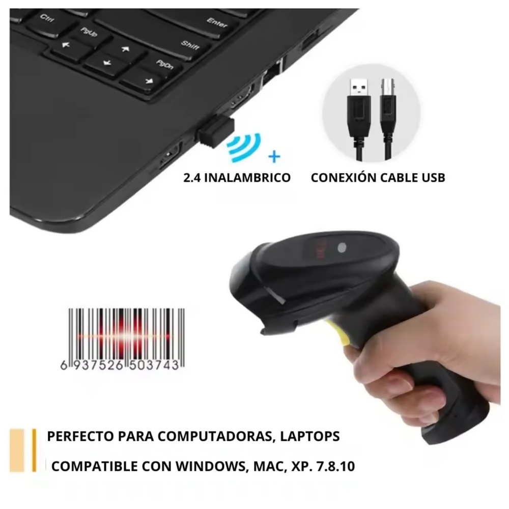 Lector de Barras Códigos Inalámbrico USB 2.4 GHz