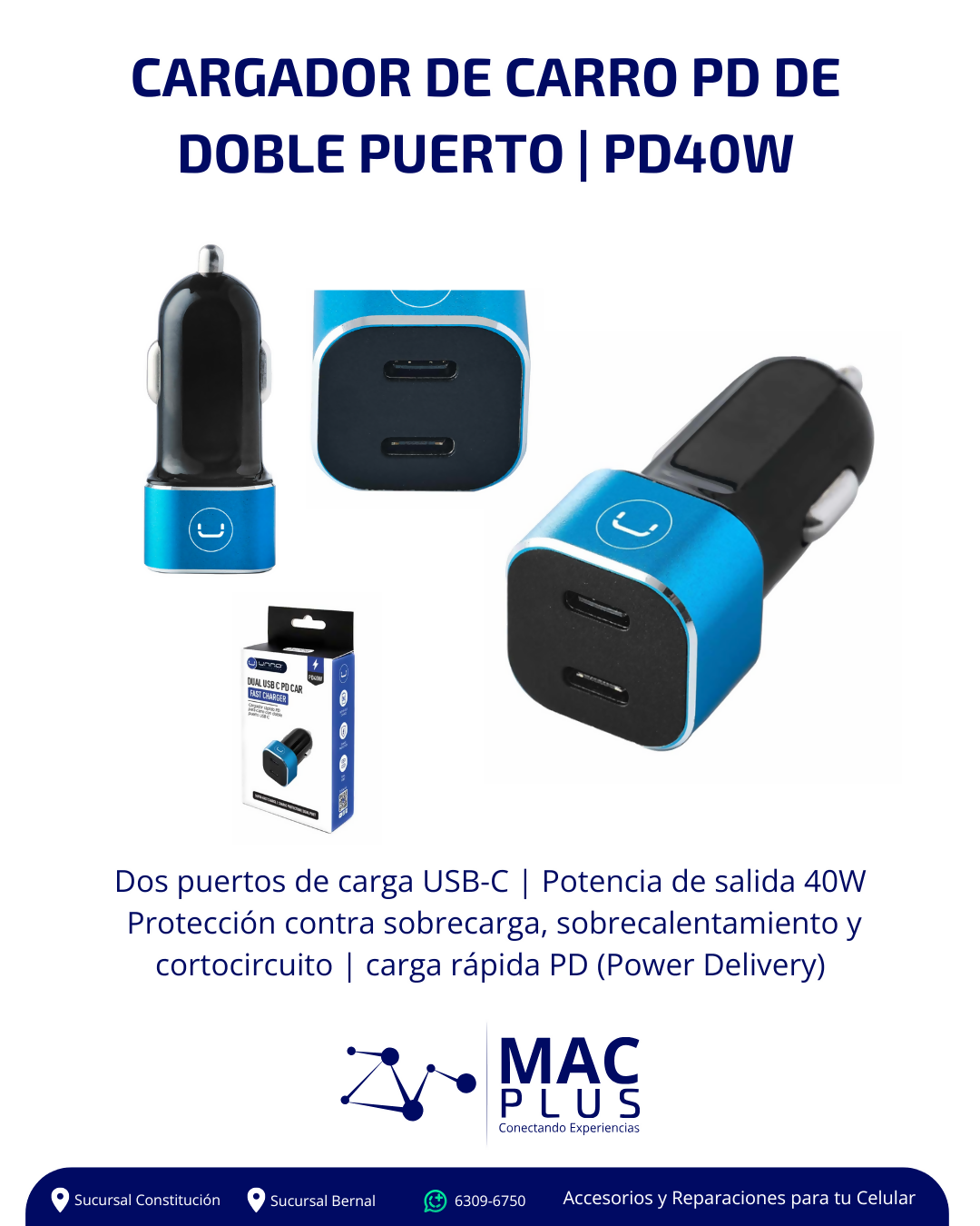 Cargador para carro carga súper rápida 40W doble puerto tipo C