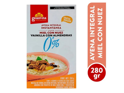 AVENA INSTANTANEA 0% SIN AZUCAR - Miel con nuez y Vainilla con almendras caja 280g (GRANVITA)