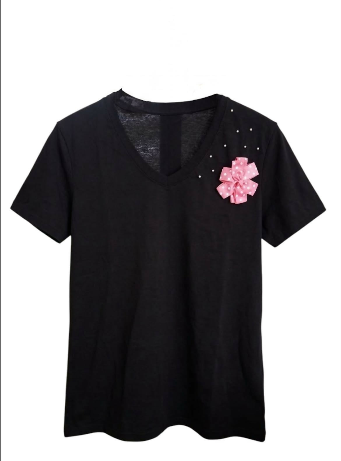 Blusa negra con flor rosada de punto Talla XL