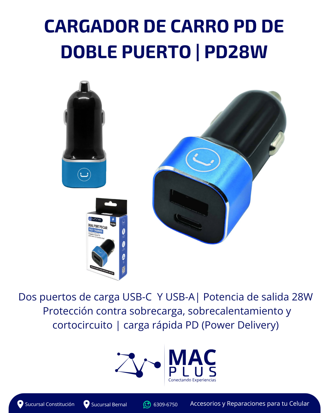 CARGADOR DE CARRO DOBLE PUERTO PD28W