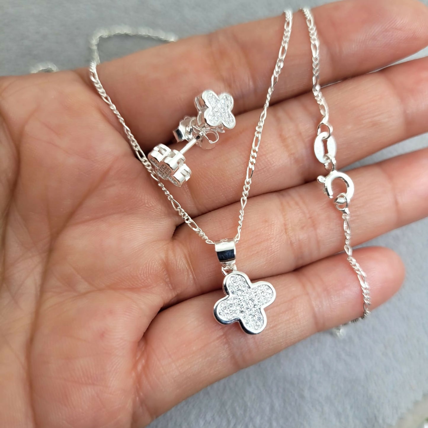 Juego aretes mas dije y cadena Trébol plata 925 jueg01