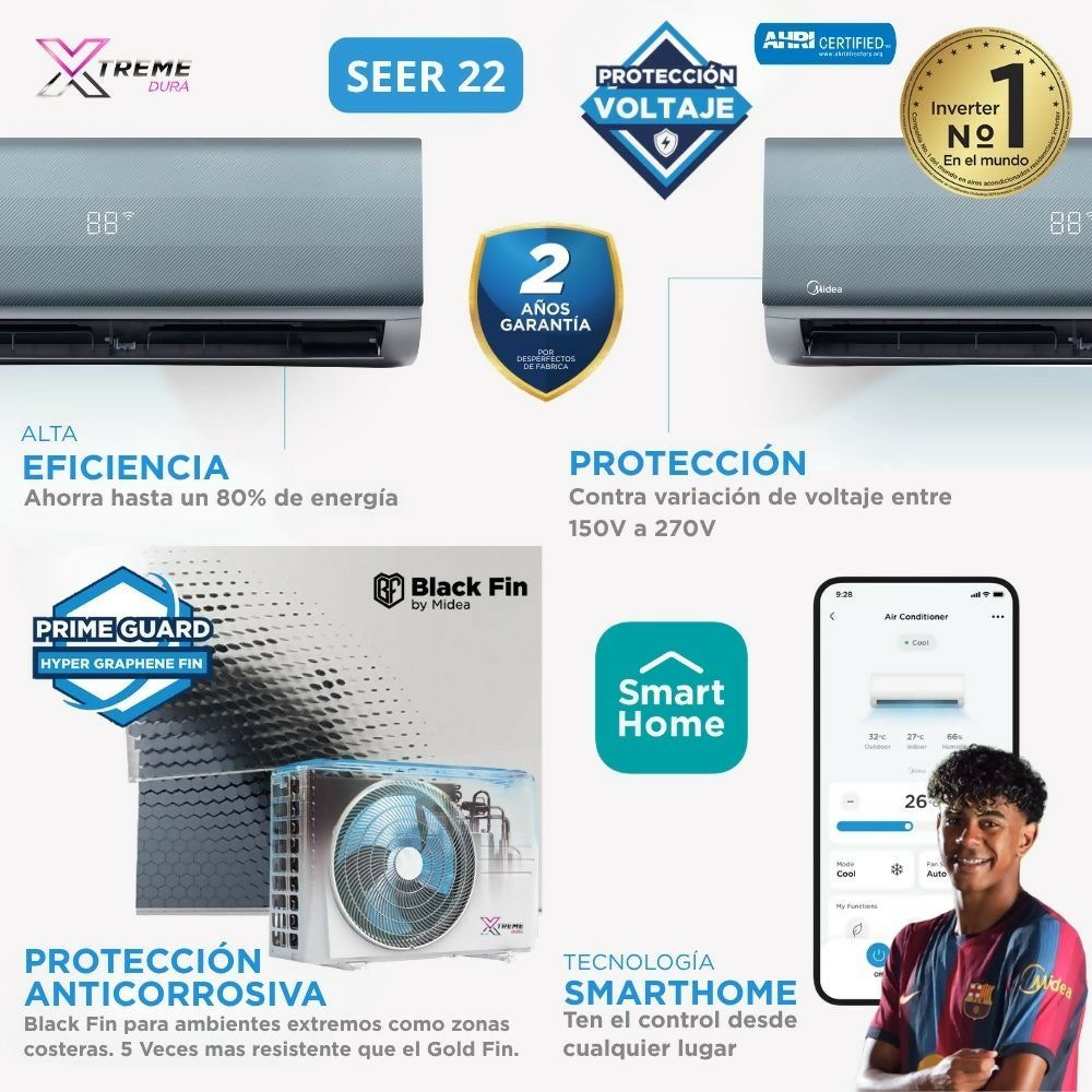Aire Acondicionado Inverter Black Fin WiFi SEER 22 12,000 BTU 220V Midea