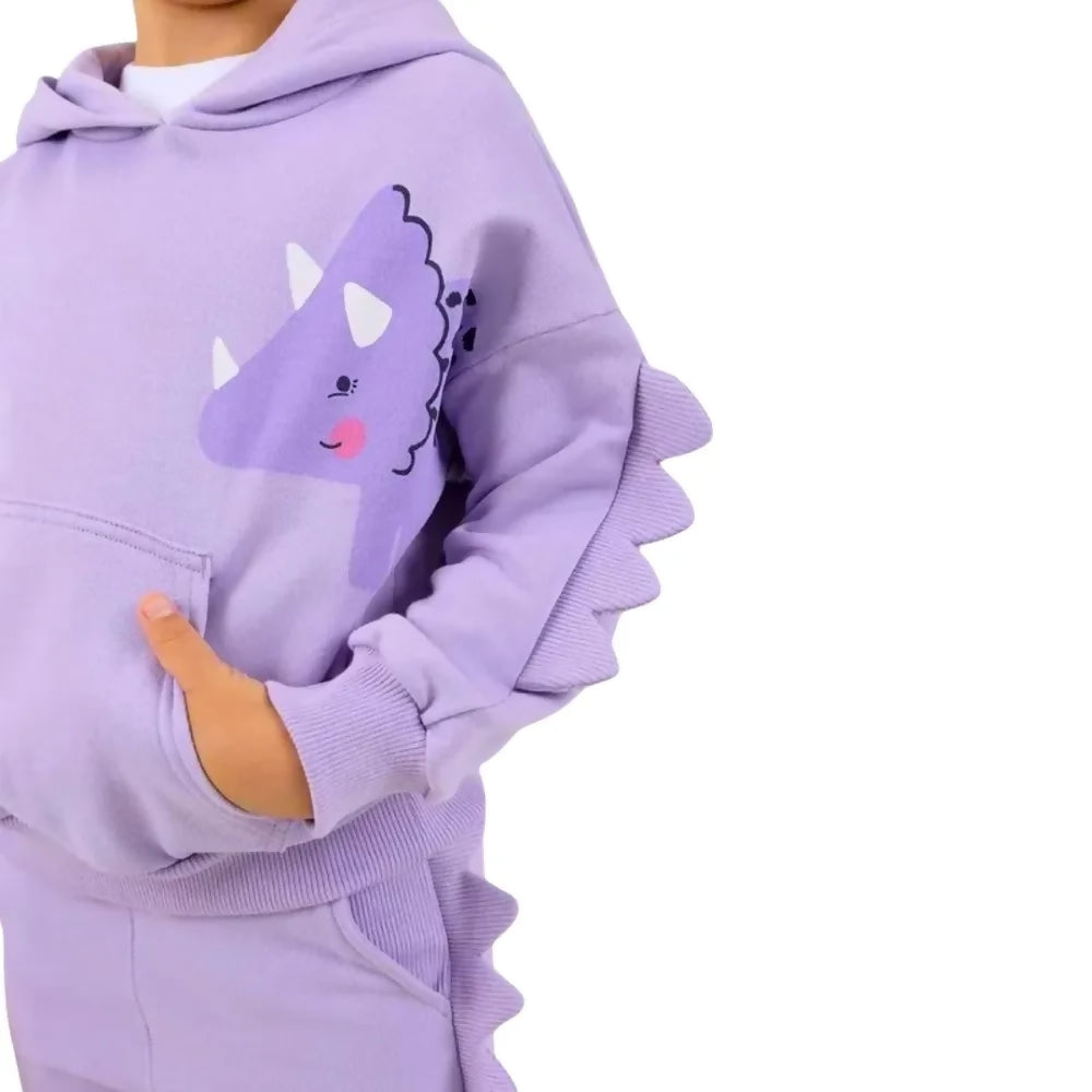 Sudadera con gorro, color morada con estampado de dinosaurio