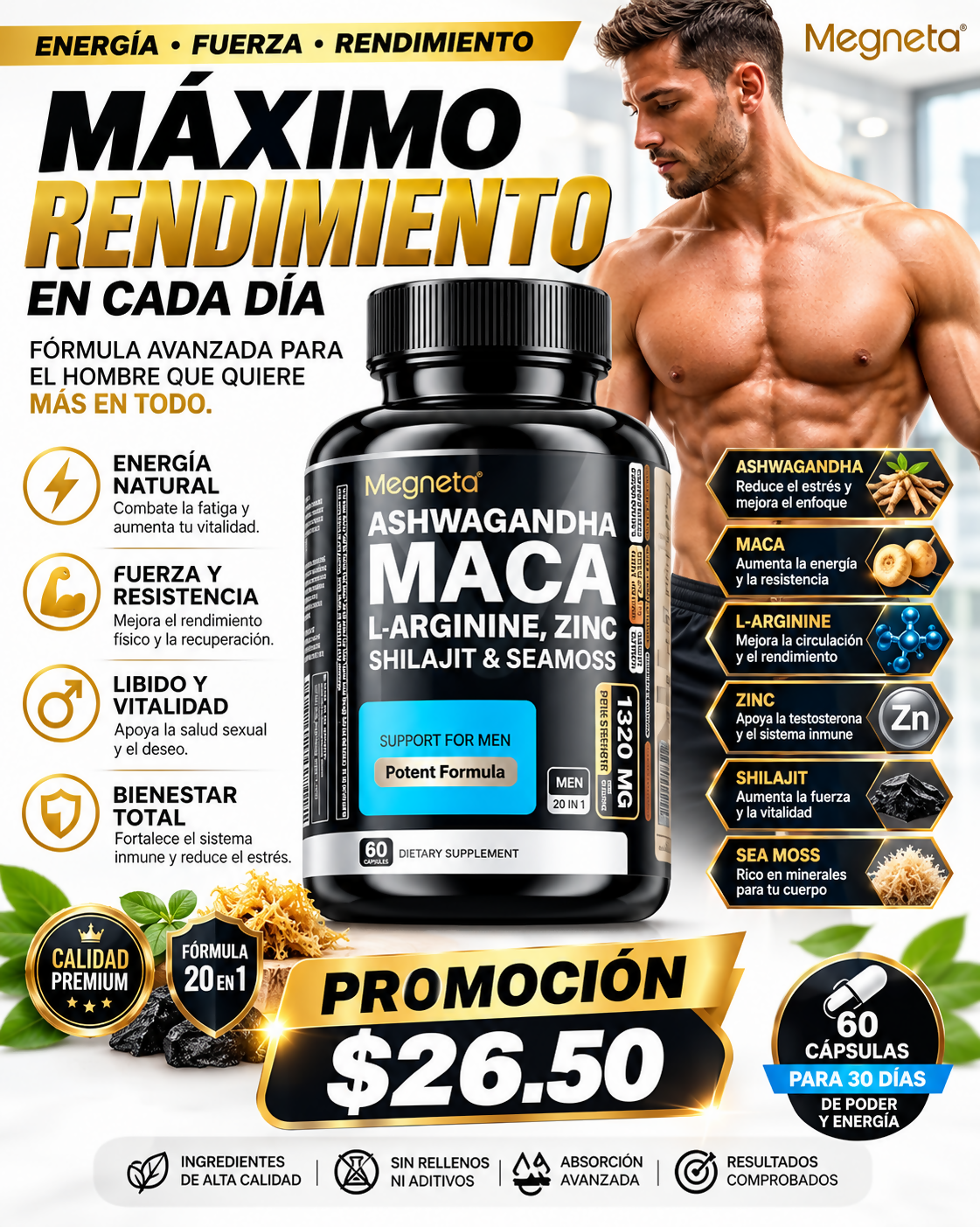 MACA, ASHWAGANDHA, SHILAJIT, L-ARGININA, ZINC & SEAMOSS