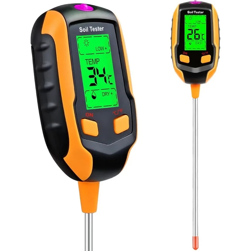 Medidor Digital 4 en 1 de Humedad del Suelo, pH, Temperatura e Intensidad de Luz Solar con Pantalla LCD Retroiluminada