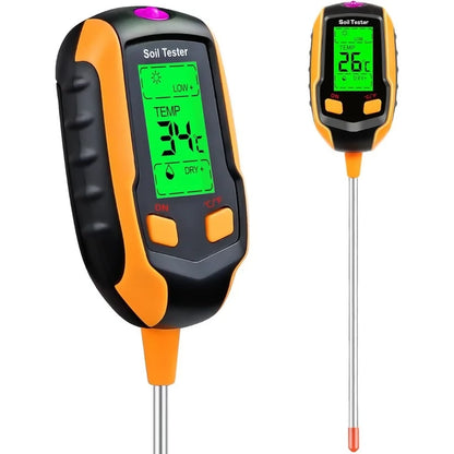 Medidor Digital 4 en 1 de Humedad del Suelo, pH, Temperatura e Intensidad de Luz Solar con Pantalla LCD Retroiluminada