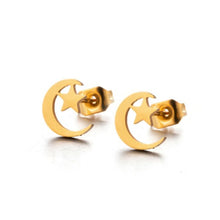 Aretes de acero inoxidable de luna y estrella juntos dorados.