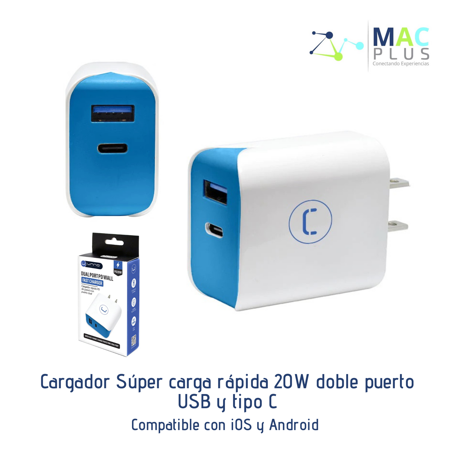 Cargador Súper carga rápida 20W doble puerto USB y tipo C