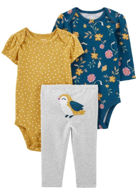 Traje 3 piezas diseño pajarito marca carters para niña