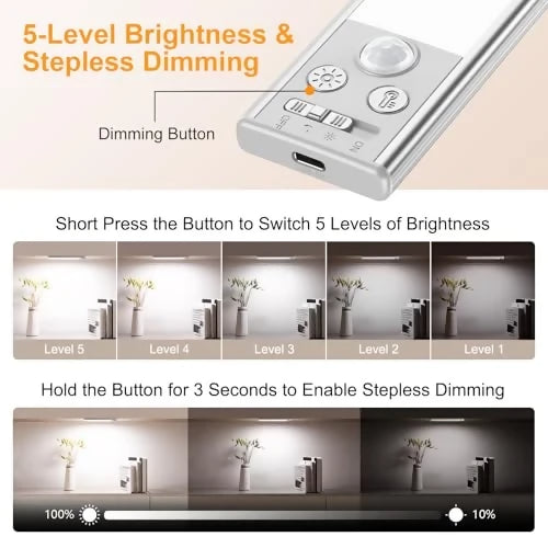 Luces LED Bajo Gabinete 10.2" Recargables - Pack 2, Sensor de Movimiento, 3 Colores, 5 Brillos