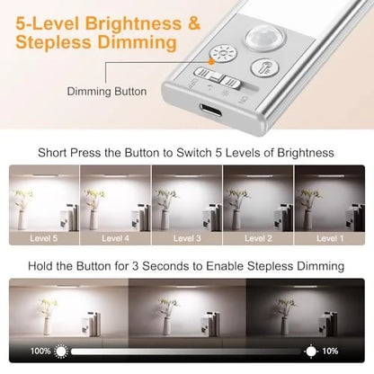 Luces LED Bajo Gabinete 10.2" Recargables - Pack 2, Sensor de Movimiento, 3 Colores, 5 Brillos