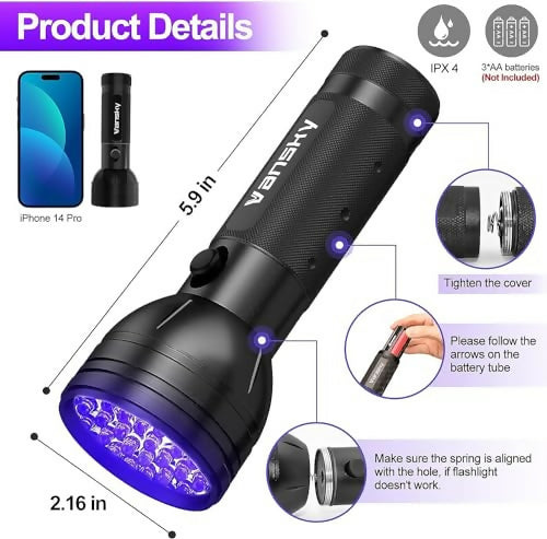 Linterna UV Luz Negra Vansky 51 LEDs — Detector de Orina de Mascotas, Manchas Secas y Chinches