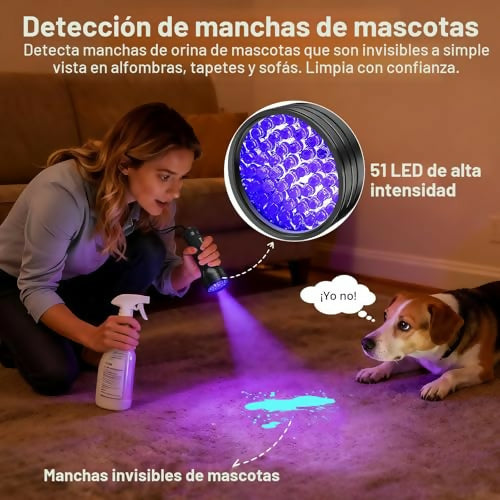 Linterna UV Luz Negra Vansky 51 LEDs — Detector de Orina de Mascotas, Manchas Secas y Chinches