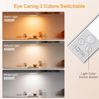 Luces LED Bajo Gabinete 10.2" Recargables - Pack 2, Sensor de Movimiento, 3 Colores, 5 Brillos