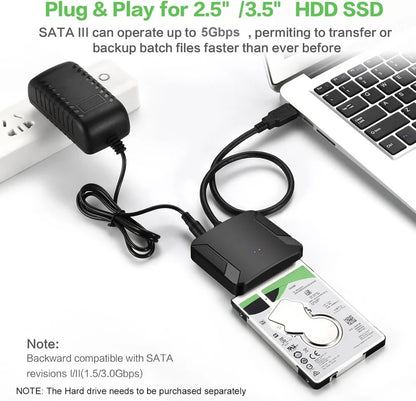 Adaptador SATA a USB 3.0 con Fuente de Alimentación | Para HDD/SSD 2.5" y 3.5"