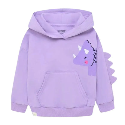 Sudadera con gorro, color morada con estampado de dinosaurio