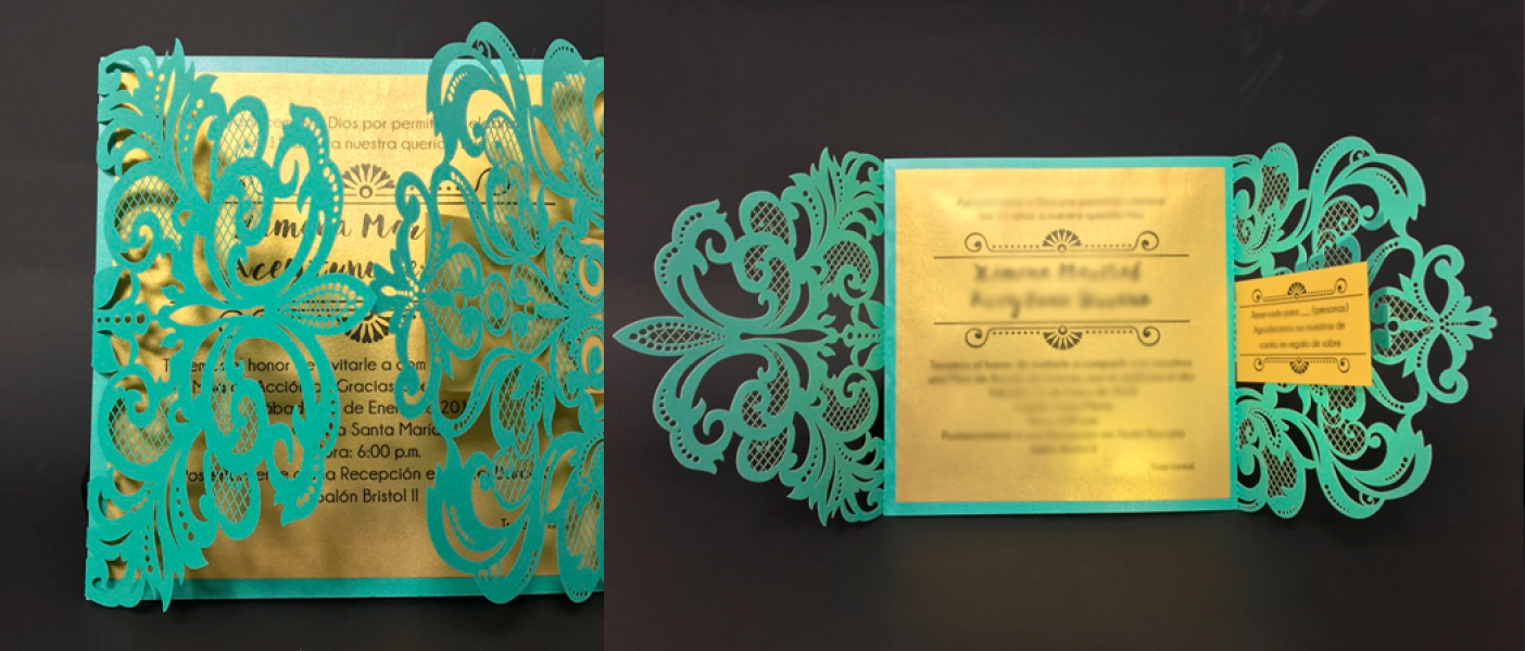 21 Tarjetas de invitación corte laser, color VERDE TURQUESA, cuadrada de 6x6 pulgadas. Paquete 21 de unidades