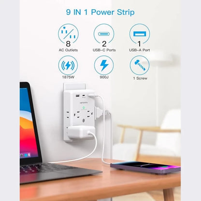 Extensor de toma de corriente múltiple con puertos USB C