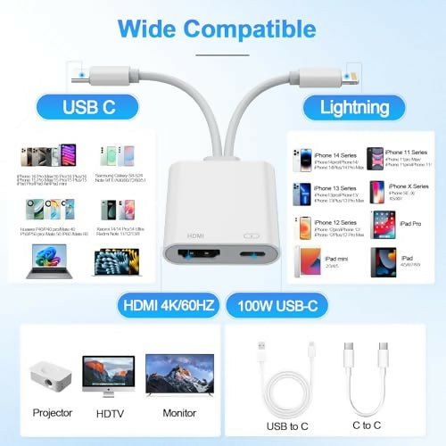 Adaptador 2 en 1 USB-C y Lightning a HDMI para iPhone/iPad/TV