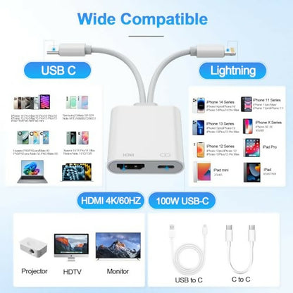 Adaptador 2 en 1 USB-C y Lightning a HDMI para iPhone/iPad/TV