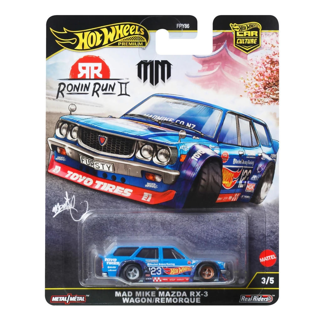 Hot Wheels Premium Mad Mike Mazda RX-3 Wagon Remorque.