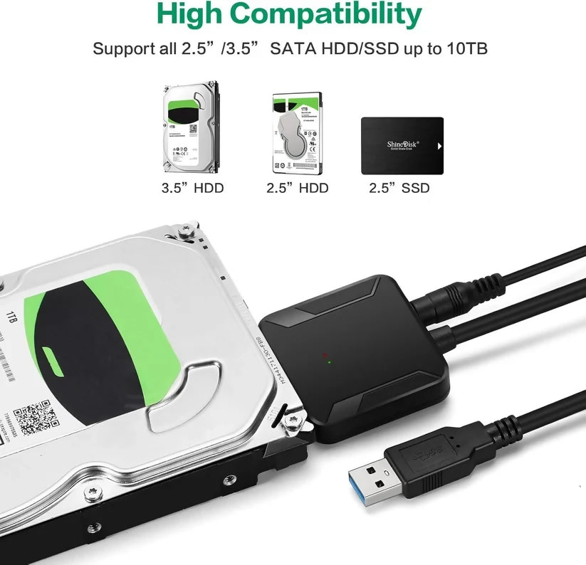 Adaptador SATA a USB 3.0 con Fuente de Alimentación | Para HDD/SSD 2.5" y 3.5"