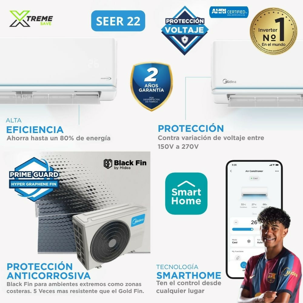 Aire Acondicionado Inverter Uso Playa WiFi SEER 22 12,000 BTU 220V Midea