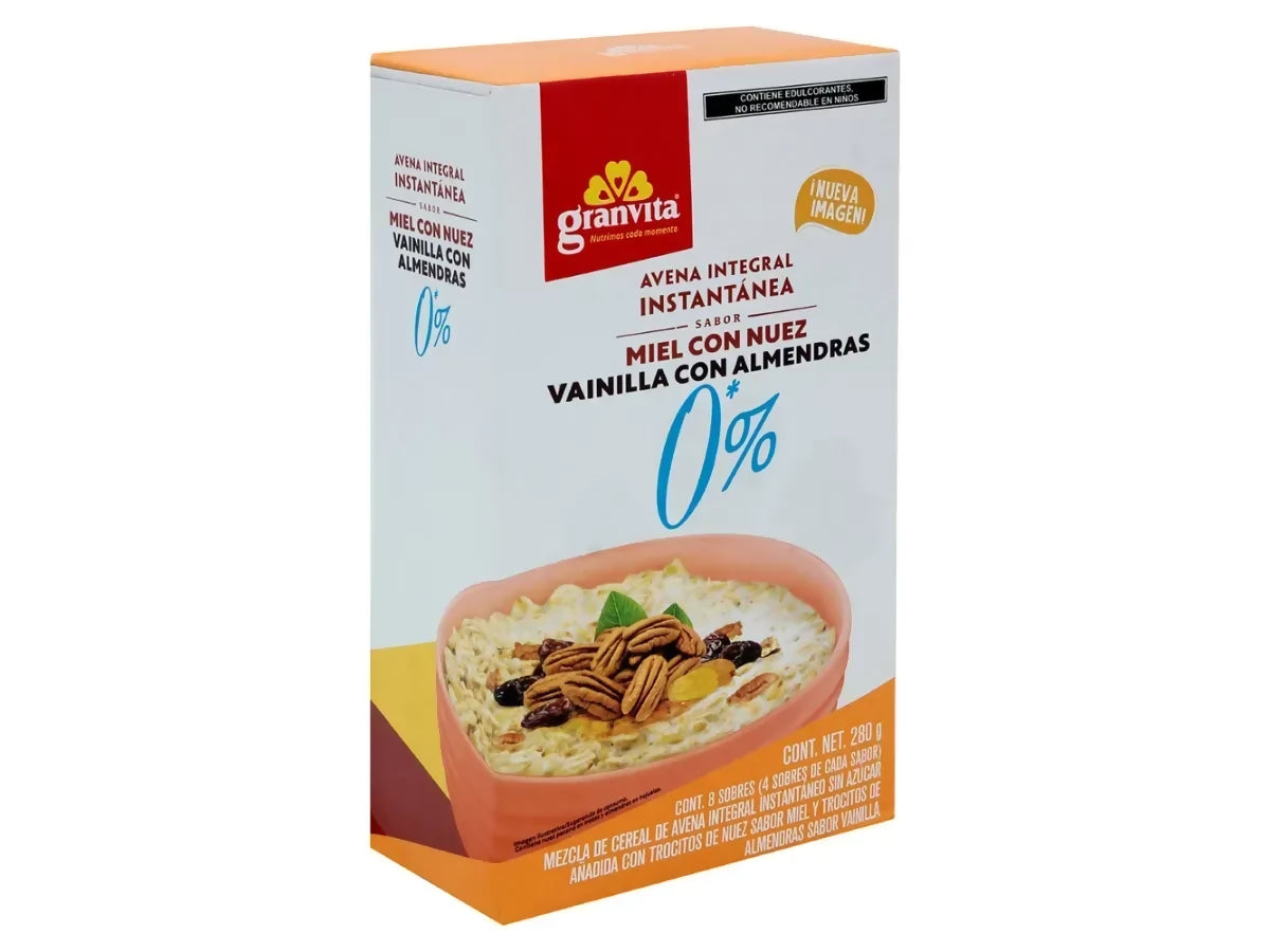 AVENA INSTANTANEA 0% SIN AZUCAR - Miel con nuez y Vainilla con almendras caja 280g (GRANVITA)