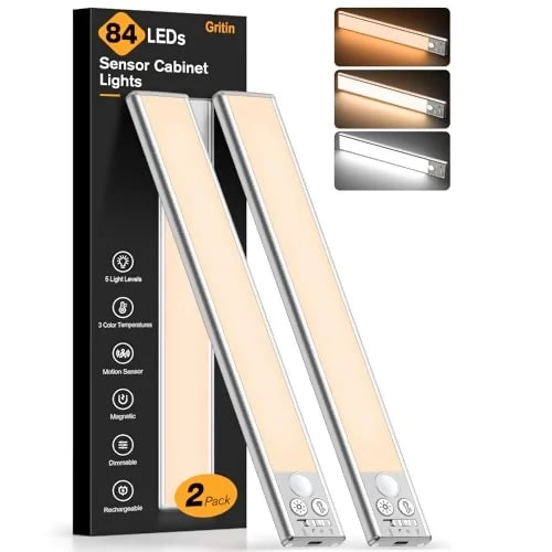 Luces LED Bajo Gabinete 10.2" Recargables - Pack 2, Sensor de Movimiento, 3 Colores, 5 Brillos