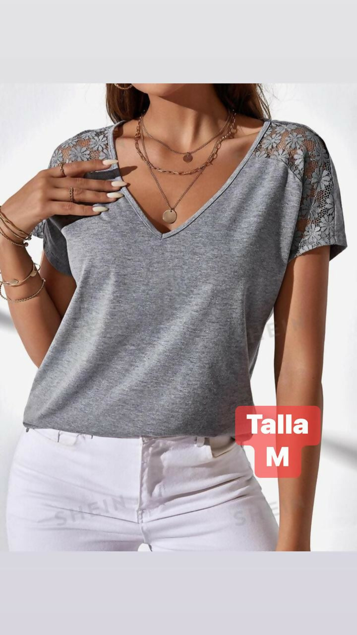 blusa en algodon y encaje talla M