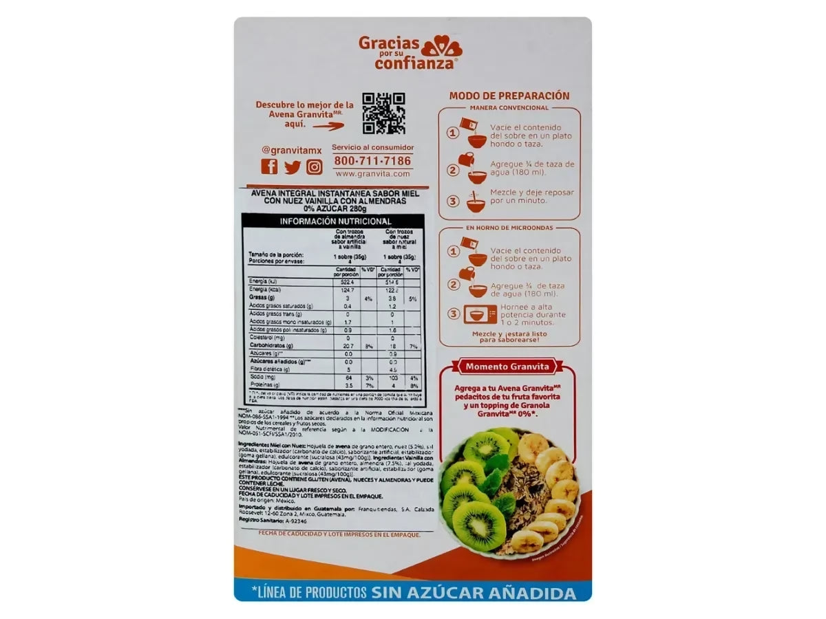 AVENA INSTANTANEA 0% SIN AZUCAR - Miel con nuez y Vainilla con almendras caja 280g (GRANVITA)