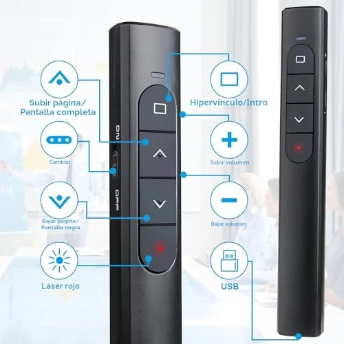 Control Remoto Inalámbrico para Presentaciones — Clicker con Puntero Láser Rojo, Hipervínculo y Control de Volumen