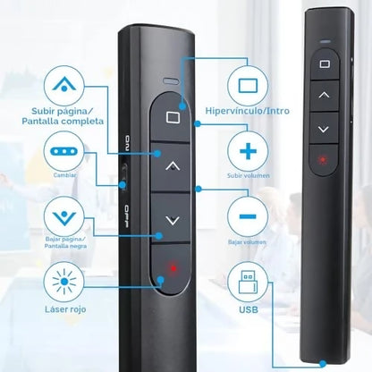 Control Remoto Inalámbrico para Presentaciones — Clicker con Puntero Láser Rojo, Hipervínculo y Control de Volumen