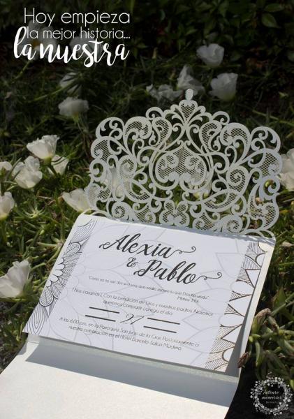 Tarjetas de invitación corte laser, color PERLA, rectangular 7x5 pulgadas Paquete 49 de  unidades