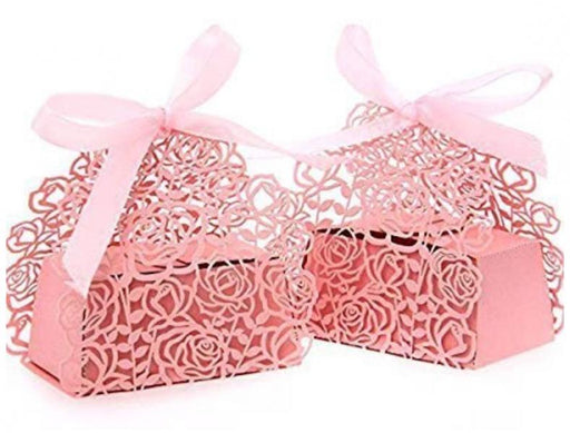 Cajitas para dulces o chocolates, color ROSADO, corte láser  diseño de ROSAS con listones rosados.  Paquete de 18 unidades